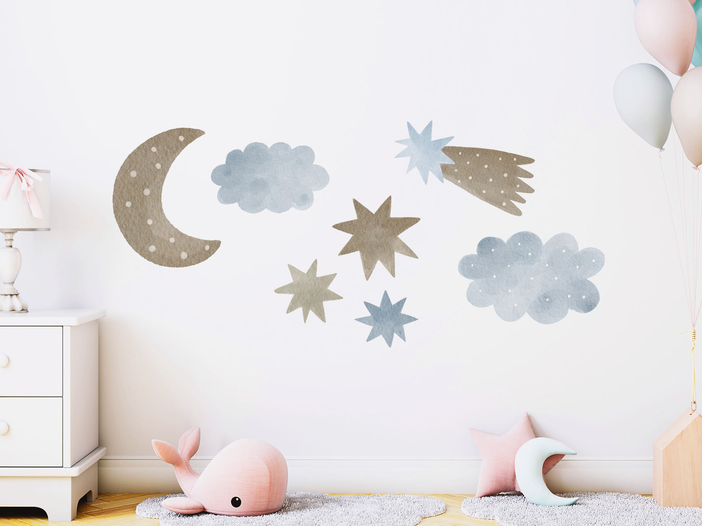 Nachthimmel: Mond, Sterne und Sternschnuppe (Wandsticker/Wandtattoo) – Mural  Walls
