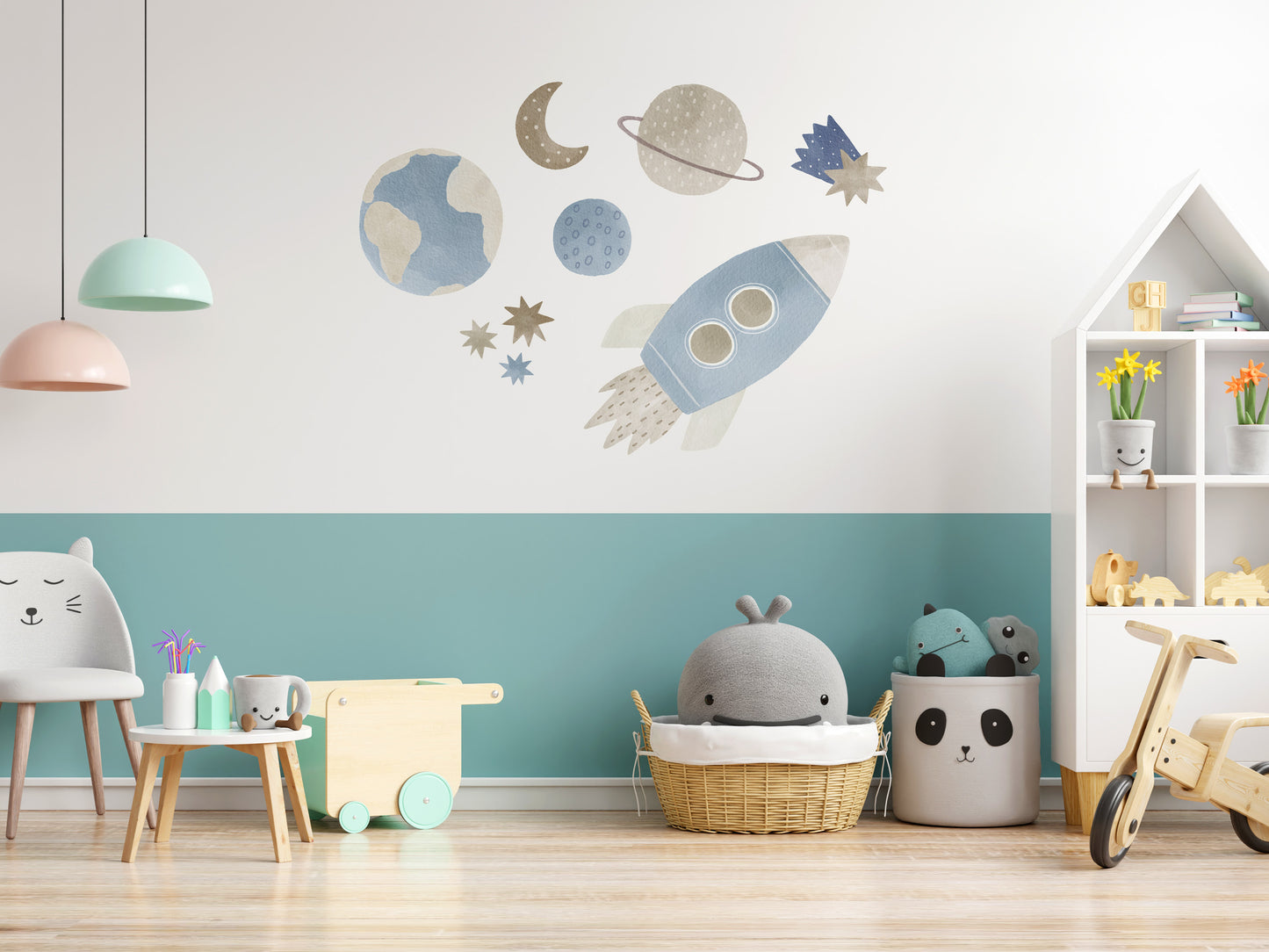 Weltraum: Rakete, Sterne und Planeten (Wandsticker/Wandtattoo) – Mural Walls